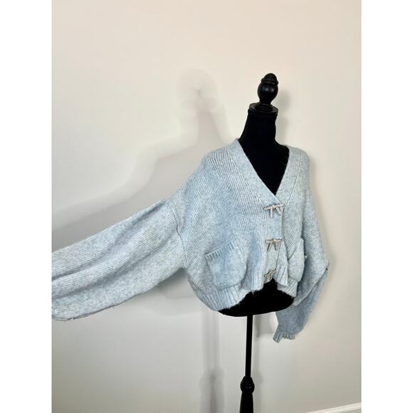 Zara‎ Blogger Fav Knit Cardigan Sweater in Blue Large Jewel Bow Rhinestone Knit - Picture 5 of 8